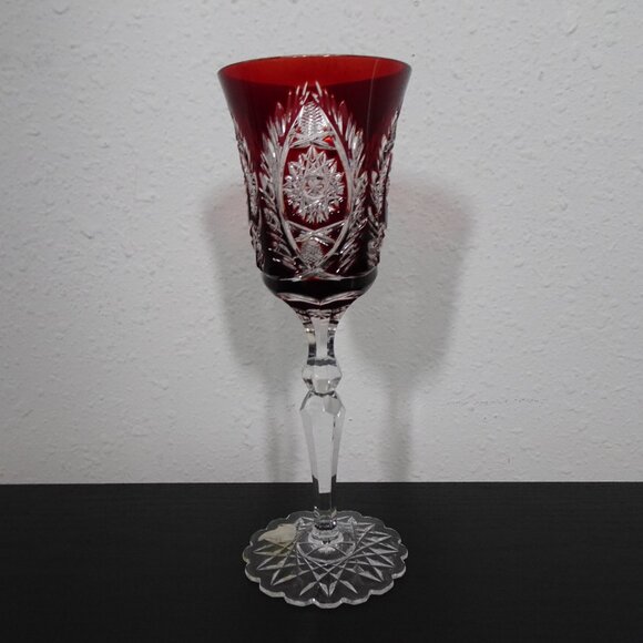 Ruby Red Cut to Clear Crystal Wine Water Goblet European 8.5" Tall Fancy Foot - Picture 1 of 12